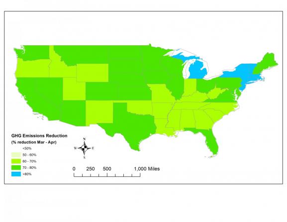 Greenhouse gas emissions reductions from road transportation were down across the United States from early March to early April 2020. (UC Davis Road Ecology Center)