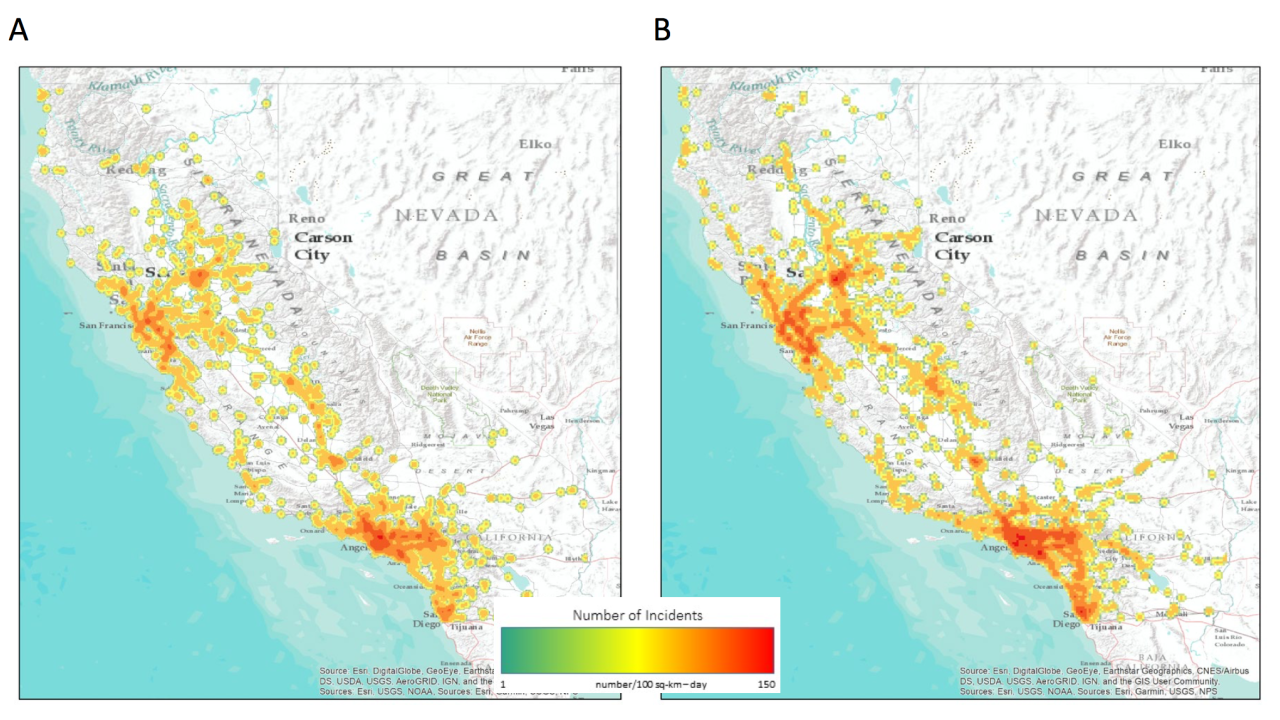 Two maps of California showing fewer accidents on state highway. 