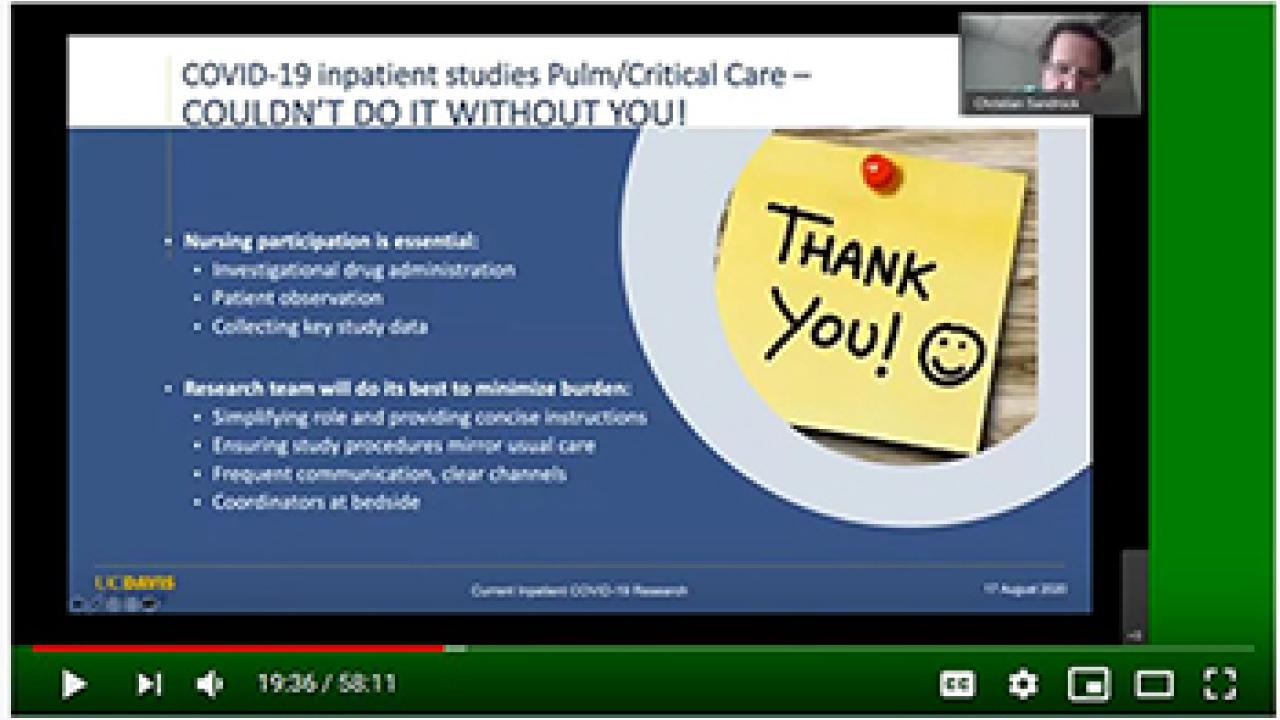 This one-hour video provides an update on all the COVID-19 research activities related to inpatients. webinar screen shot