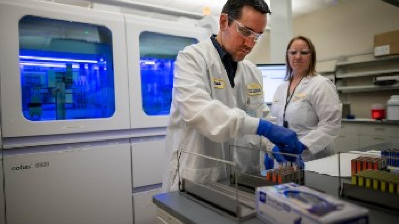 Lab scientists preparing the robot to run tests